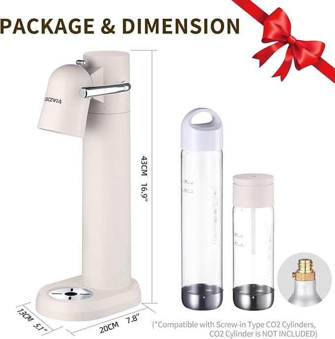 Sparkling Water Machine, Seltzer & Carbonator for Drinks, Soda Steaming Dispenser, Carbonator Machine with BPA Free Bottles(1L+0.5L), Compatible with Screw-in 60L CO2 Cylinder(NOT Included), White