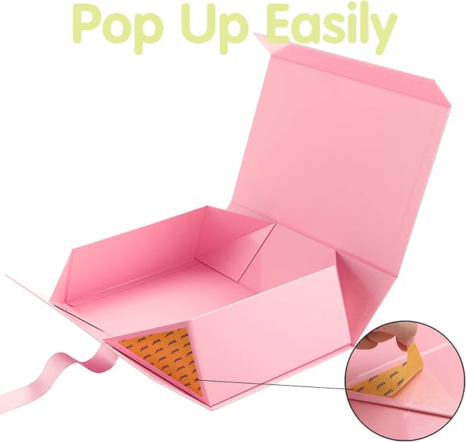 HAPPY POTATO Large Gift Box with Lid 13.5x9x4.1 Inches, Pink Gift Boxes with Ribbon, Bridesmaid Proposal, Magnetic Gift Box for presents (Glossy Pink)