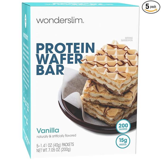 WonderSlim Protein Wafer Snack Bar, Vanilla, 200 Calories, 15g Protein, 0mg Cholesterol (5ct)
