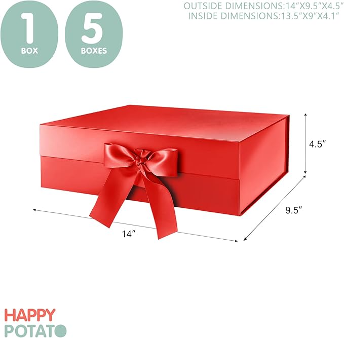 HAPPY POTATO 6 Large Christmas Gift Boxes with Ribbon 13.5x9x4.1 Inches, Red Gift Boxes with Lids, Bridesmaid Proposal Boxes, Magnetic Gift Box for presents (Glossy Red, Pack of 6)