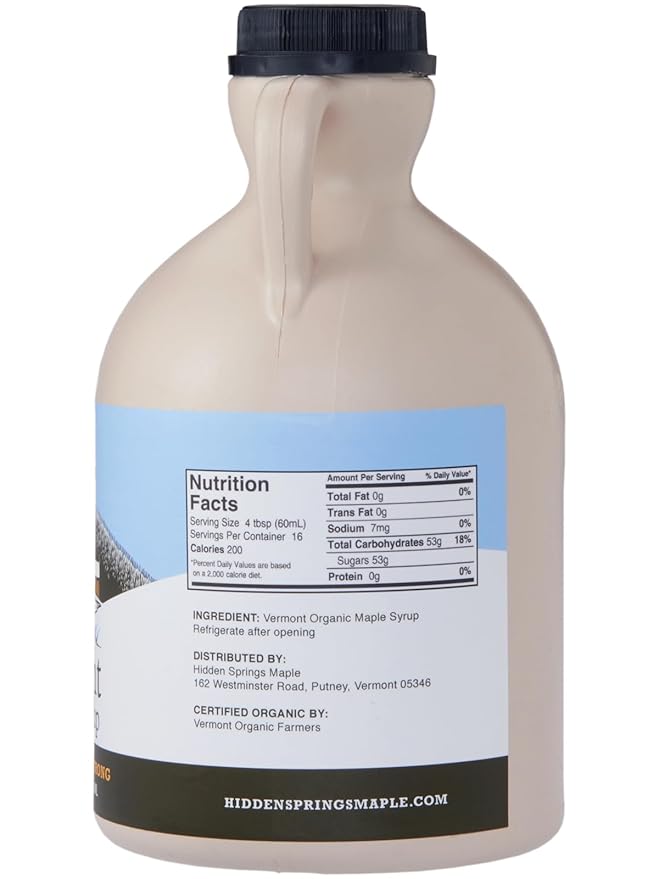 HIDDEN SPRINGS MAPLE 100% Organic Vermont Maple Syrup, Grade A Very Dark Robust, 32 Ounce, 1 Quart, Family Farms, BPA-free Jug