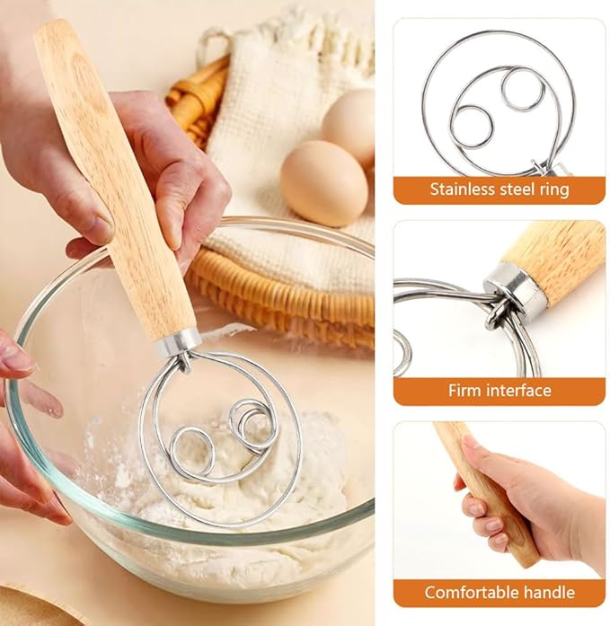 Danish Dough Whisk with Sourdough Scoring Tool, Bread Making Tools Baking Supplies, Dough Hook Dutch Whisk, Bread Lame, Bench Scraper & Pastry Brush, Set of 6(6pcs,COLOR:silver)