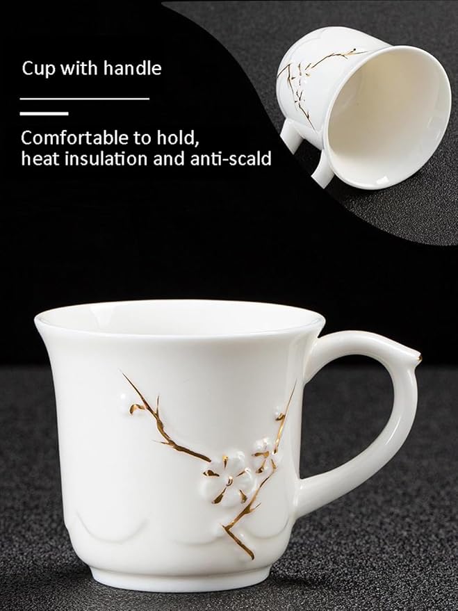 KEYDUACU Japanese Tea Set, White Ceramic Tea Set, Plum Blossom Embossed, Includes 1 Teapot, 6 Anti-scald Teacups,Tea Tray,Strainer, Used for Home, Outdoor, Gift, Chinese Kung Fu Tea Set(FDMH-FT-WHITE)