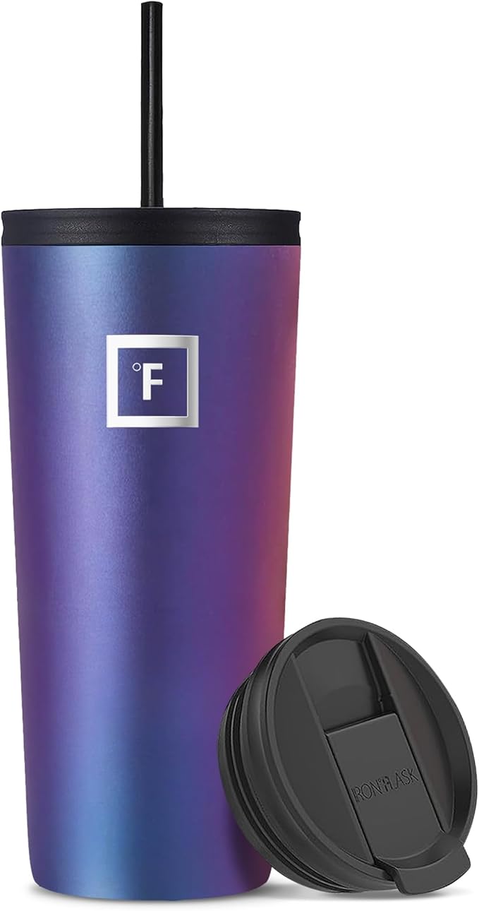 IRON °FLASK Classic Tumbler - Vacuum Insulated Stainless Steel Water Bottle, Double Walled, Drinking Cup, Insulated Travel Mug (Aurora, 24 oz Solid Lid)