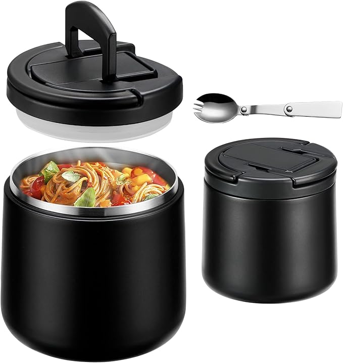 20oz Insulated Vacuum Food Jar with Buckle Lid,Soup Thermo for Hot Food Kids,Wide Mouth Leakproof Stainless Steel Lunch Container with Spoon-Black