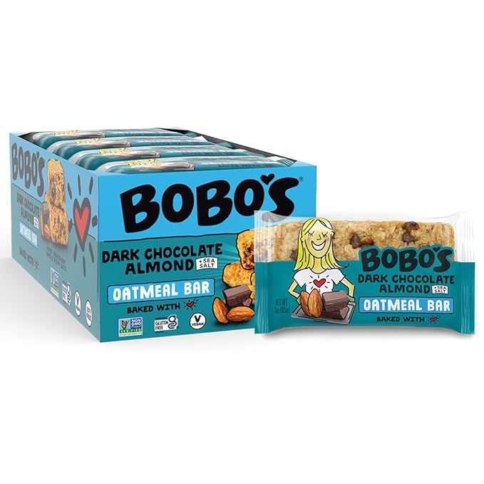 Bobo's Dark Chocolate Almond Sea Salt Oat Bars, Gluten Free, Non-GMO, Whole Grain Oats, Pack of 12 | Snack Bars | On-the-Go | Made with Simple Ingredients