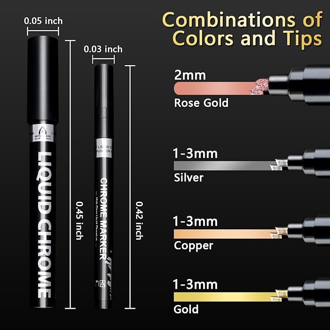 Renfio Chrome Paint Markers, 4 Colors Liquid Chrome Metallic Markers Mirror Repair Liquid Metallic Pen for Repairing Model Painting Resin DIY Craft Coloring (1-3mm) - Silver&Gold&Rose Gold&Copper