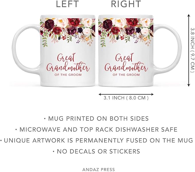 Andaz Press 11oz. Wedding Ceramic Coffee Tea Mug Gift, Fall Autumn Marsala Burgundy Flowers Roses Florals, Great Grandmother of the Groom, 1-Pack, Includes Gift Box