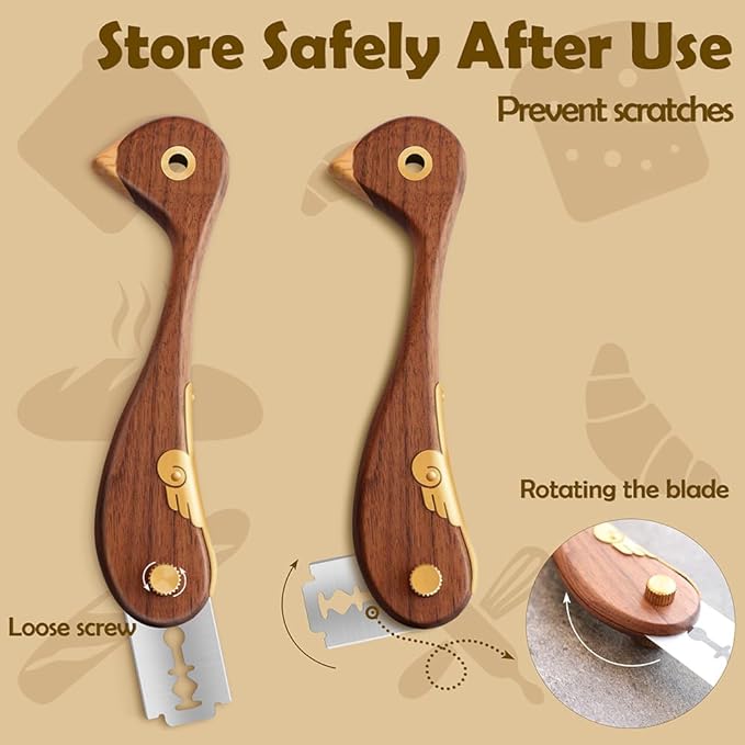 Bird Wooden Bread Lame, Handcrafted Dough Scoring Knife for Sourdough Slashing,Precision Scorer Tool with 10 Replacement Razor Blades