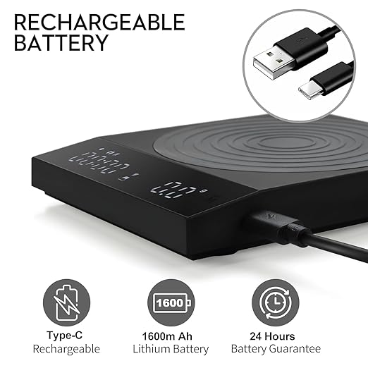 Rechargeable Mini Coffee Scale with Timer,FSJCOFFEE Espresso Scale Metal Body 2kg/0.1g Precision Coffee Scale, for Pour-Over Coffee,Portable Digital Kitchen Scale, Food Scale with Auto Timer (Black)