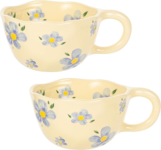 Ceramic Coffee Mug Set of 2 Vintage Flower Mugs 8 oz Cute Floral Coffee Mugs Irregular Latte Art Cup Lead-free Porcelain Cups for Cappuccino, Cocoa (2 Blue Flower)