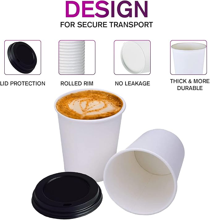 Smygoods White Disposable Paper Coffee Cups with Lids (16 OZ, 100 Count) For Hot Beverages, Tea, Espresso, Cocoa - To Go Drink Containers, Café & Office