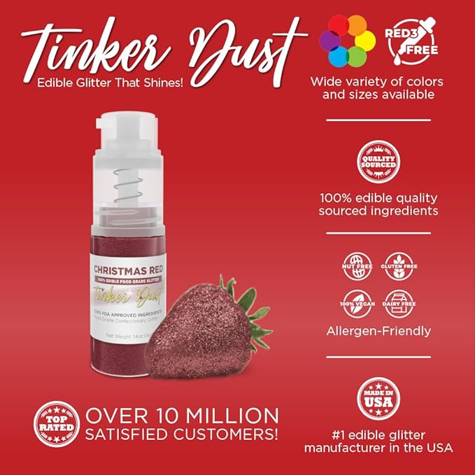 Bakell - Christmas Red Tinker Dust (4g, 1x Mini Spray Pump) Edible Glitter for Food, Desserts, and Beverages!
