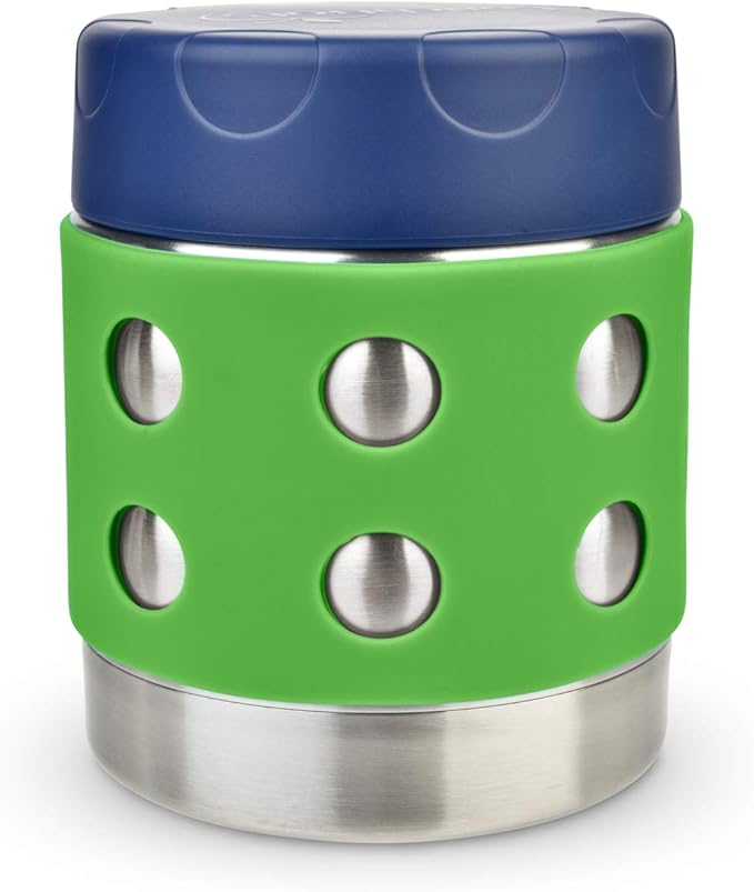 LunchBots Thermal 8 oz Triple Insulated Thermos - Hot 6 Hours or Cold 12 Hours - Leak Proof Thermos Soup Jar - All Stainless Interior - Navy Lid - Green Dots