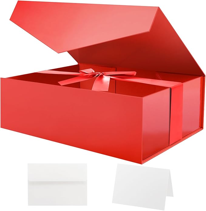 HAPPY POTATO Large Christmas Gift Box with Ribbon 11.5x8.1x3.8 Inches, Red Box with Lid, Bridesmaid Proposal Box, Magnetic Gift Box for Presents (Glossy Red)