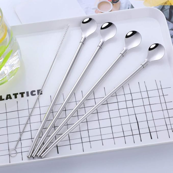 Straws - 8 PCS Silver 8.5 Inch 18/8 Stainless Steel Reusable Metal Straws With 2 Cleaning Brushes