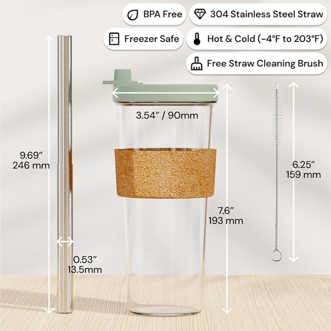 Dodoko Sage Green 24 oz Reusable Boba Cup and Straw Bubble Tea Cup with Wide Lid and Straw