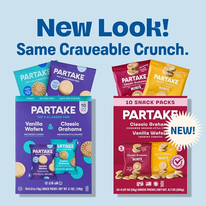 Gluten Free Partake Classic Graham Cracker Minis - Vegan - Free From the Top 9 Allergens Including Dairy, Wheat, Soy, Eggs, & Peanuts - Non GMO - Safe School & Office Snack (20 Packs, 0.67 oz)