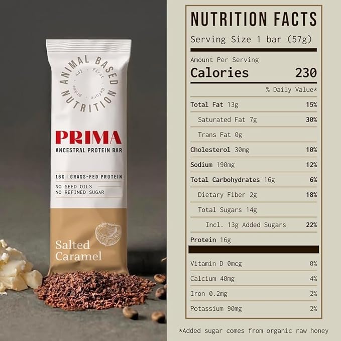 PRIMA ANCESTRAL PROTEIN BAR Grass Fed Protein Bars, 7 Pack – Animal-Based Protein Bar with Beef Tallow, Raw Honey, Seed Oil Free, Low Carb, Gluten-Free – Healthy, Energy Snacks for Clean Lifestyle (7 Pack, Salted Caramel)