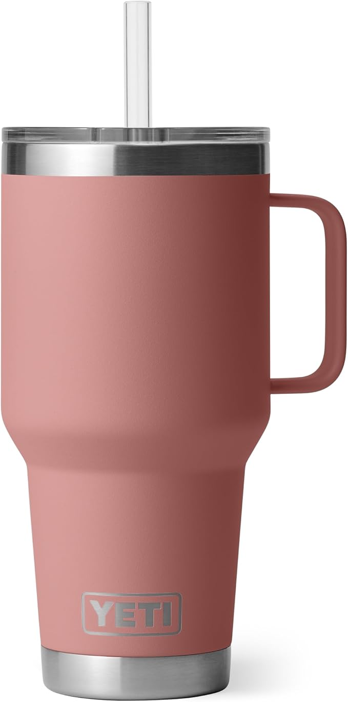 YETI Rambler 35 oz Tumbler with Handle and Straw Lid, Travel Mug Water Tumbler, Vacuum Insulated Cup with Handle, Stainless Steel, Sandstone Pink
