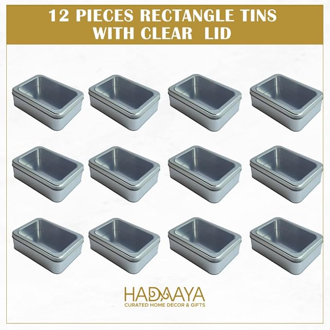 Pack of 12 Silver Rectangular Tin Container With Clear Lid, Multipurpose Tin Box, Festive Tin Box for Gift Giving, Cookies, Stationery & More - 7.25 x 5.25 x 2.25 Inches