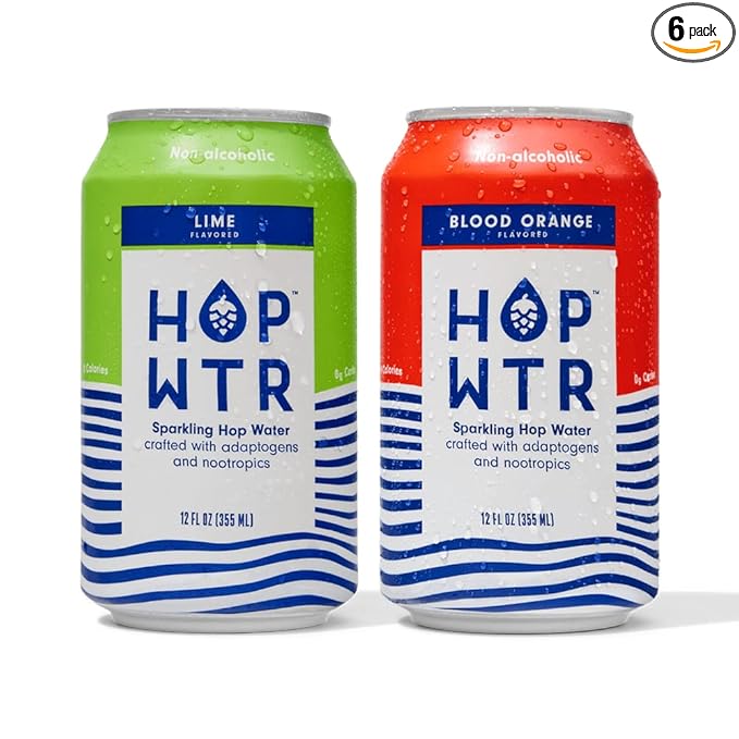 HOP WTR Sparkling Hop Water Lime 6 Pack, Blood Orange 6 Pack, Sugar Free, Low Carb Non Alcoholic Drinks, NA Beer, Adaptogen Drink, No Calories, Adaptogens & Nootropics for Added Benefits, 12 oz Cans