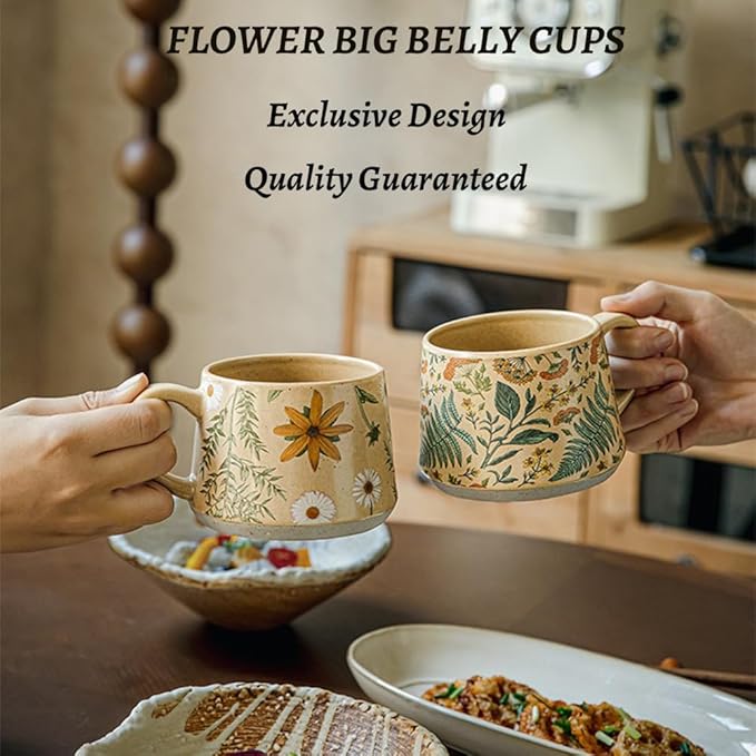Floral Coffee Cup, 12oz Ceramic Hand Painted Porcelain Mug with Premium Gold Spoon, Cup for Cappuccino, Macchiato, Latte, Cafe, Tea, Unique Gift Idea (Summer's Whispers + Graceful Daisies)