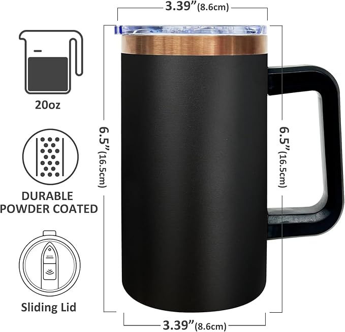 20 oz Insulated Coffee Mug with Lid, 4 Pack Stainless Steel Coffee Tumbler Bulk, Double Wall Vacuum Travel Mug with Handle, Leakproof Powder Coated Coffee Cups for Hot and Cold Drinks (Black,4 pack)