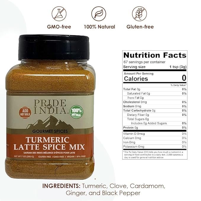 Pride of India – Turmeric Latte Spice Mix – Gourmet & Warm Tea Spice Blend – Healthy/Gluten-Free – Ideal for Lattes/Smoothies/Golden Milk – Easy to Store – 7 oz. Medium Dual Sifter Bottle