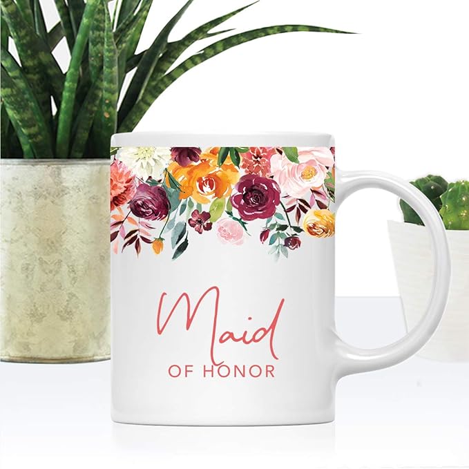 Andaz Press 11oz. Wedding Ceramic Coffee Tea Mug Gift, Fall Autumn Burgundy Orange Peach Flowers Roses Florals, Maid of Honor, 1-Pack, Includes Gift Box