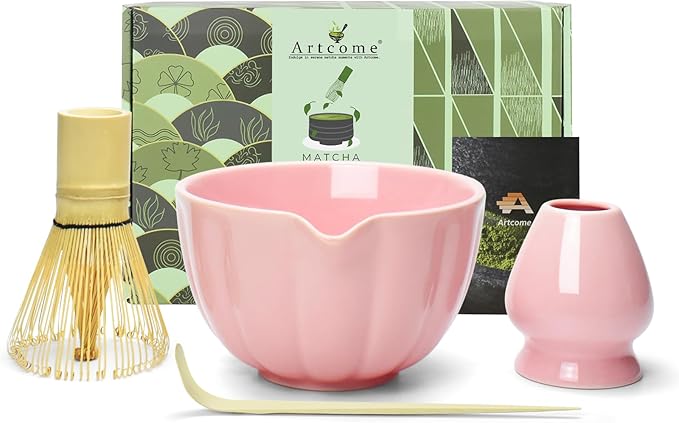 Artcome 4 Pcs Japanese Matcha Tea Set - Matcha Bowl with Pouring Spout, Matcha Whisk, Tea Scoop, Whisk Holder, Handmade Matcha Ceremony Kit For Japanese Tea Ceremony, Rose
