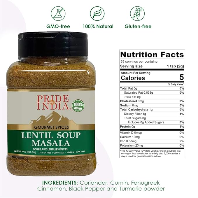 Pride of India - Lentil Soup Masala – Authentic Indian Taste – Spice Blend for Lentil Soups and Stews – Flavorful Mix – Easy to Use – 7 oz. Medium Dual Sifter Bottle- Ideal for Vegans & Vegetarians
