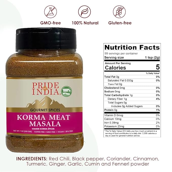 Pride of India - PACK of 6 - Korma Meat Masala Mix – Ideal for Traditional Meat/Lamb Curry – Gourmet & Flavorful – Seasoning Spice Blend – 7 oz. Medium Dual Sifter Jar