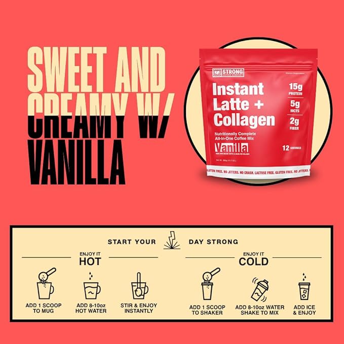 STRONG COFFEE COMPANY Instant Vanilla Latte – 15g Protein Coffee with Collagen, MCT Powder, L-Theanine & Adaptogens, Nootropic Energy, No Crash, No Jitters (12 Servings)