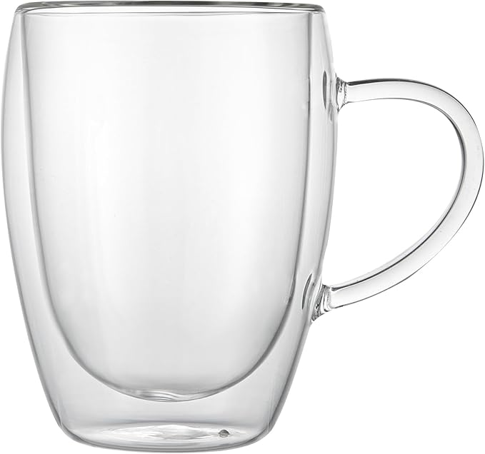 Restaurantware-Forma Professional 11.8 Ounce Glass Coffee Cups, 12 Insulated Coffee Cups With Handle - Dishwashable, Reusable, Clear Double Wall Beverage Tumblers, Freezable For Hot Or Cold Beverages