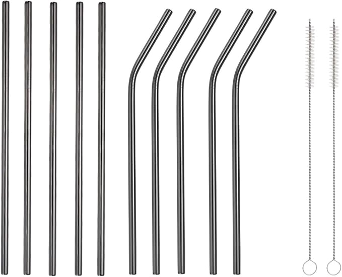 10 Pcs Stainless Steel Straws, Reusable Drinking Straws, 5 Straight + 5 Bent Metal Straws Set With 2 Pcs Cleaning Brushes (Black, 8.5 Inch)