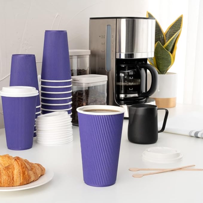 Restaurantware 16 Ounce Ripple Wall Disposable Coffee Cups, 500 Insulated Royal Purple Paper Tumblers with Rolled Rim Design, Lids Sold Separately for Hot Drinks like Tea and More