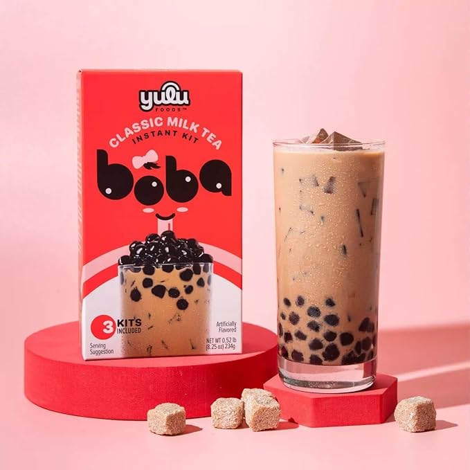 YULU FOODS Instant Bubble Pearl Classic Milk Tea Kit with Authentic Brown Sugar Tapioca Pearls, Ready in Under One Minute, Paper Straws Included – 3 Servings