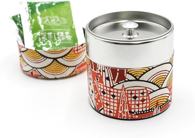 Japanese Pokkan Coffee Spice Tea Tin Canister Washi Paper Storage with Lid 7.05 oz Capacity (Modern Seigaiha, S)