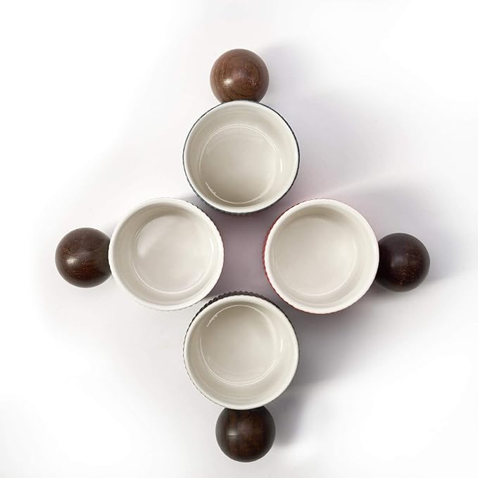 Ceramic Mini Espresso Cups Demitasse Cups with Round Wooden Handle Vertical Stripes Tea Cups (Black/White, 4pcs)