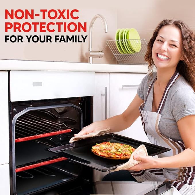Oven Liners for Bottom of Oven Black (4-pack) Bundled with Range Rack Shield (4-pack) - Large Mat for Bottom of Range (17"x 25") and 14" Red Stove Guards for Racks - Reusable & Heat Resistant