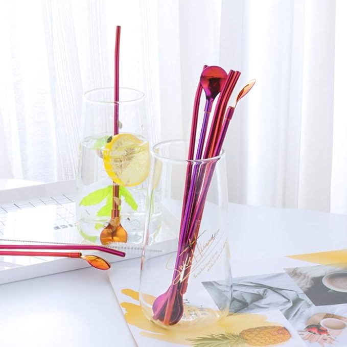 Straw Spoon, 8PCS 8.5inch Orange Red 18/8(304) Stainless Steel Metal Straws Reusable + 2 Brushes