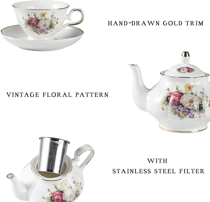 Sweejar Porcelain Tea Sets, Vintage British Floral Relief Gold Rimmed Teapot Cup and Saucer Set, Tea Set Service for 6, with Teapot, Sugar Bowl, Milk Jug, Spoons, Tea Cup and Saucer (Flower Style)