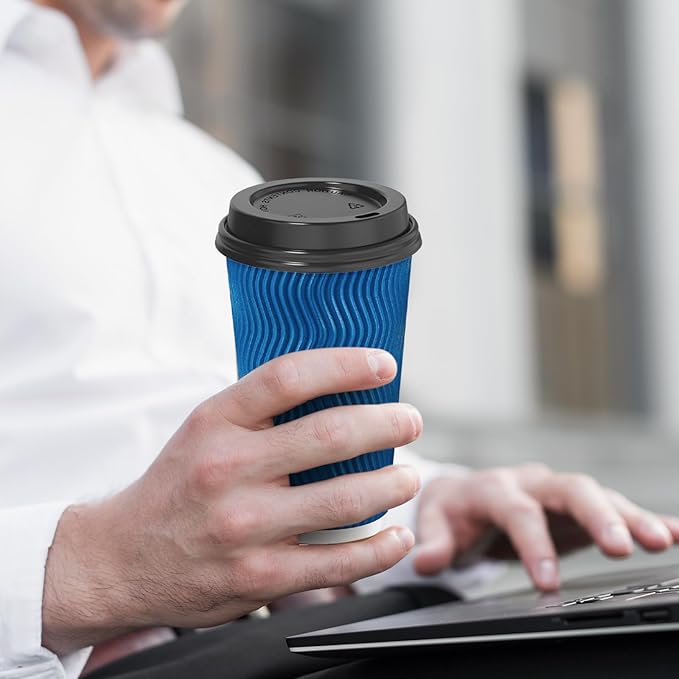 80 Pack 16 oz Disposable Coffee Cups with Lids and Straws, Insulated Ripple Wall To Go Paper Coffee Cups for Coffee, Hot Chocolate and Hot Tea Drinks - Navy