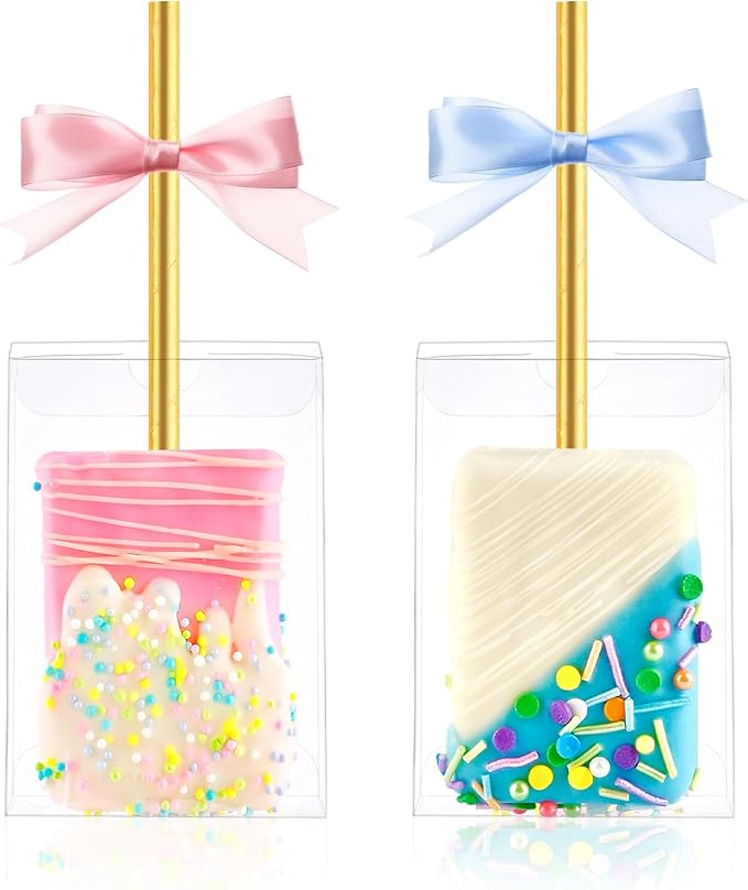 Jutieuo 45 PCS 3.5x2.4x1.38 Inches Clear Rice Krispie Treat Boxes with Hole Individual Cakesicle Boxes Transparent PET Plastic Candy Macaron Boxes Baby Shower Party Favors Boxes