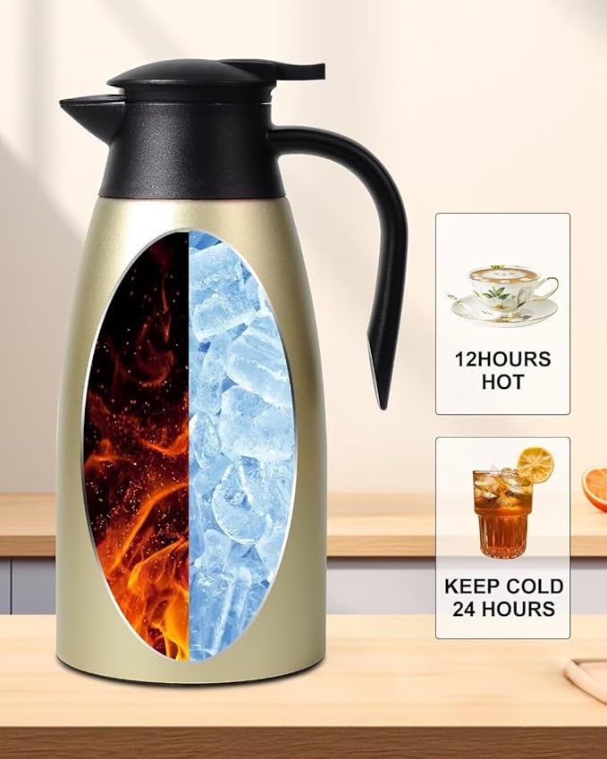 1.9L Thermal Coffee Carafe for keeping hot, Carafe for hot liquid, Airpot Insulated Coffee Carafe Stainless Steel Vacuum Thermal Pot for Coffee, Hot Water, Tea, Keep Hot 24 Hours (2 gold)