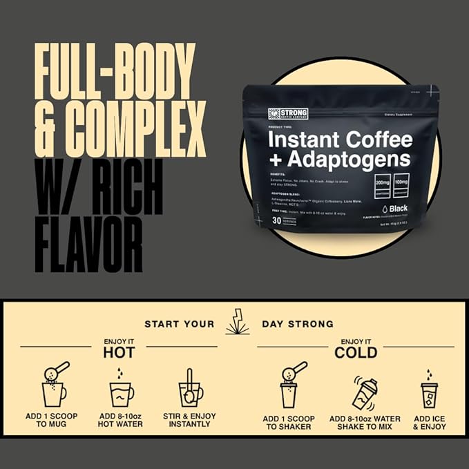 STRONG COFFEE COMPANY Organic Instant Black Coffee - Individual Servings, Extreme Focus, Adaptogen Coffee, No Jitters, No Crash (1, 30 Packets)