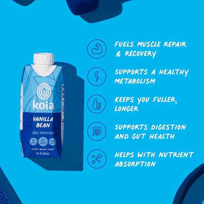 Koia Plant Based Protein Shake, Vanilla Bean, 20g Protein, 3g Sugar, 6g Prebiotic Fiber, 21 Vitamins & Minerals, Meal Replacement Drinks, Dairy-Free, Gluten-Free, Non-GMO, 11 Fl Oz (Pack of 18)
