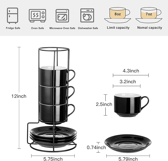 YOLIFE 8oz Porcelain Stackable Cappuccino Cups with Saucers and Metal Stand Set of 4, Coffee cups for Espresso, Specialty Coffee Drinks, Latte, Americano and Tea - Black
