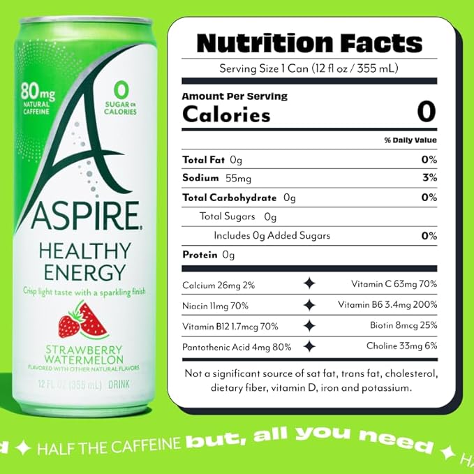 ASPIRE® Strawberry Watermelon, Healthy Energy Drink 80mg Natural Caffeine, Zero Sugar No Carbs Keto Friendly, 12 Pack Green Tea Sugar Free Drink Low Caffeine Zero Calorie